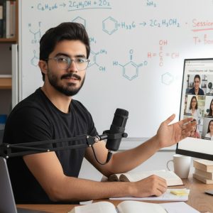 استاد علی مددی در حال تدریس آنلاین شیمی با میکروفون حرفه ای و مانیتوری که تصویر دانشجویان را نشان می دهد. پشت سر او تخته وایت برد با فرمول‌های شیمیایی دیده می‌شود.