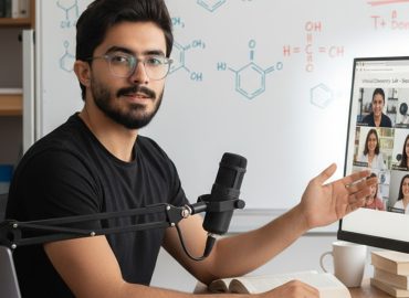 استاد علی مددی در حال تدریس آنلاین شیمی با میکروفون حرفه ای و مانیتوری که تصویر دانشجویان را نشان می دهد. پشت سر او تخته وایت برد با فرمول‌های شیمیایی دیده می‌شود.